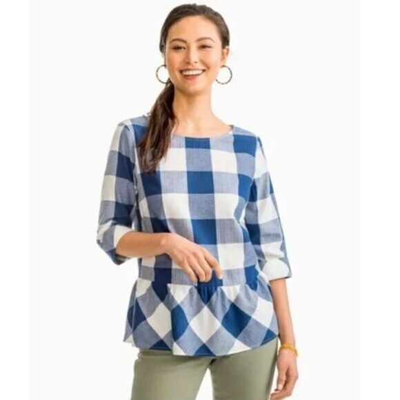 Southern Tide Jillian Blue Check Peplum Top - Picture 1 of 7